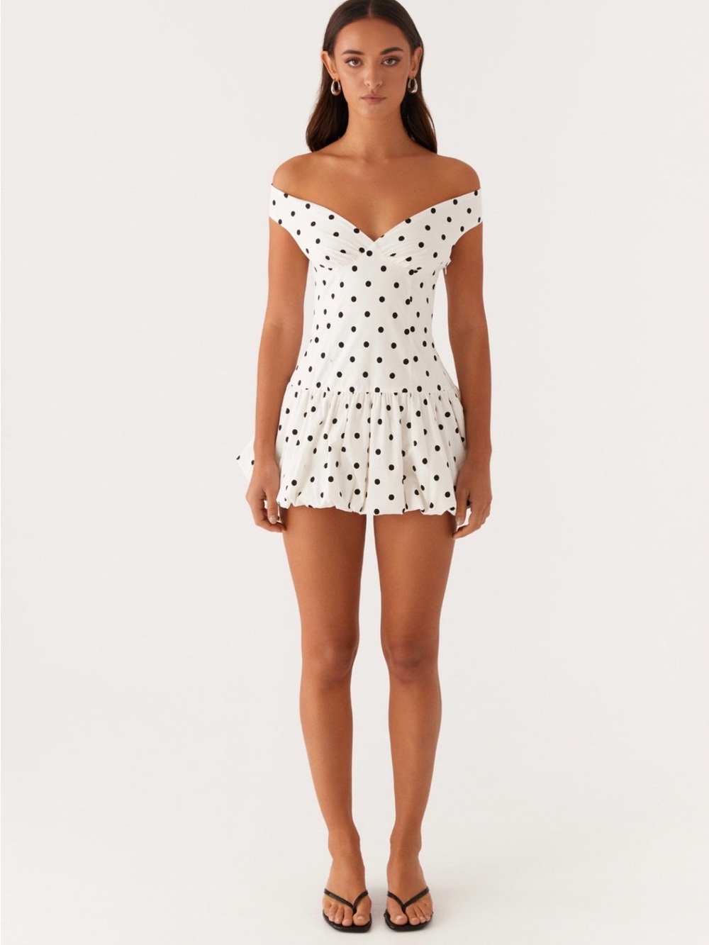 Peppermayo Polka Dot Off-Shoulder Mini Dress — White with Black Dots